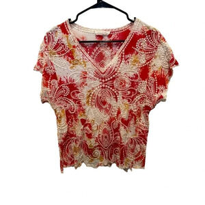 Solitaire Women Multi Short Sleeve Beaded Art to Wear Boho Artsy Top Size XL